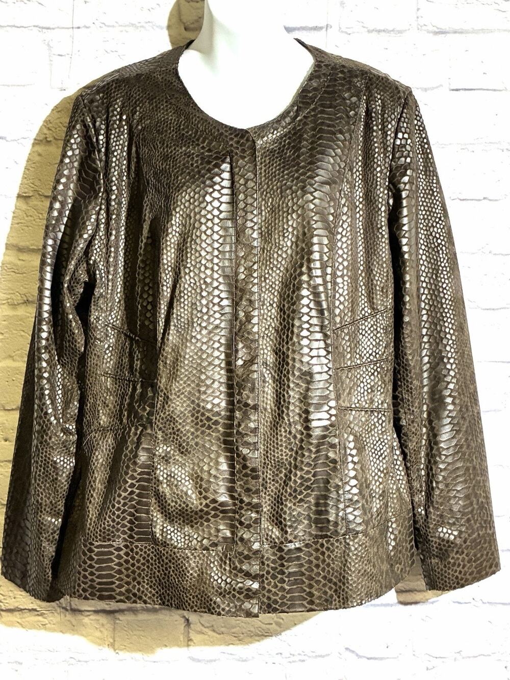 Dana Buchman XL Metallic Faux Snakeskin Jacket Brown Animal Print Y2K